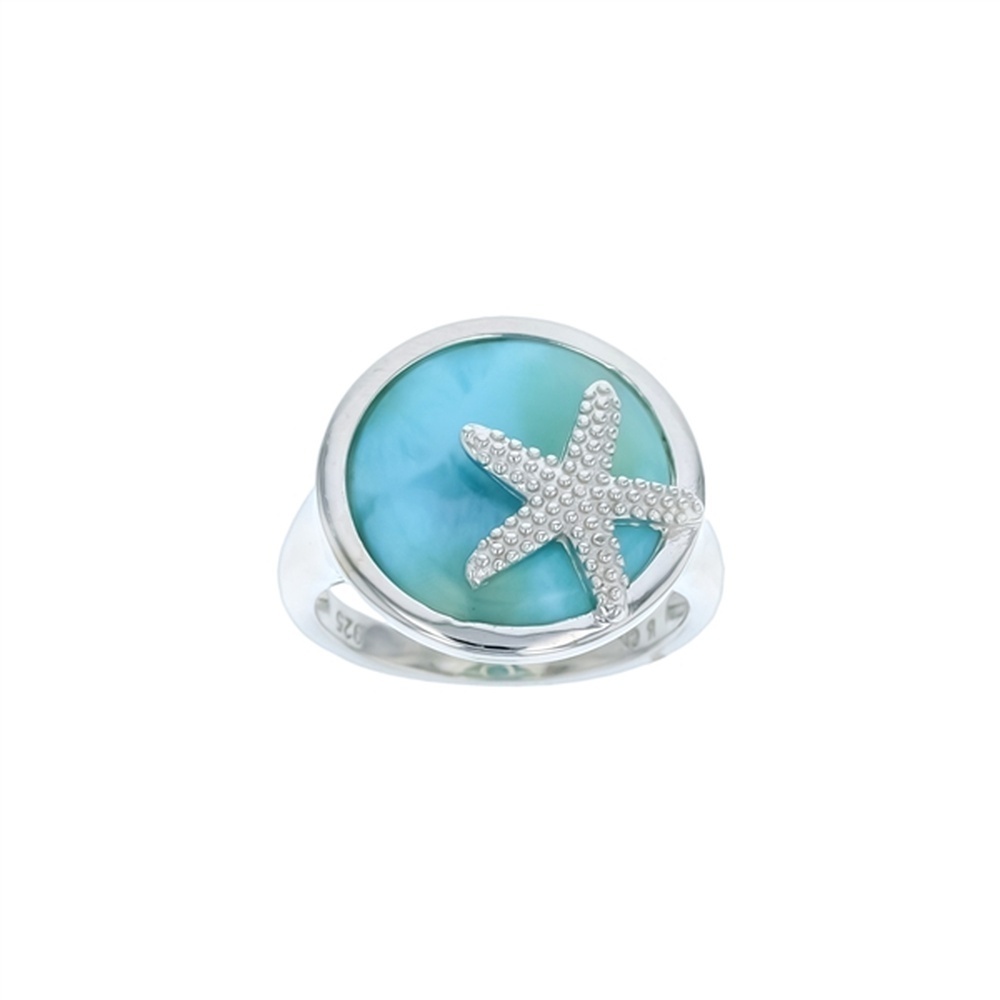 925 Sterling Silver Larimar Studded Starfish in Circle Ring 4.92 gm
